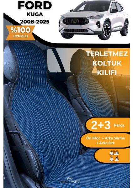 Terletmez Oto Koltuk Koruyucu Kılıf %100 Pamuk 5 Li Tam Set Mavi Siyah Ford Kuga