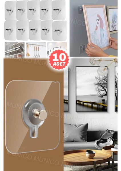 10 Adet Şeffaf, Güçlü ve Tekrar Kullanılabilir 10'li Set ile Duvarınıza Zarar Vermeden Asın Çivi