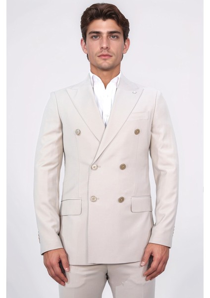 Slim Fit Sivri Yaka Kruvaze Bej Takım Elbise fiyatları