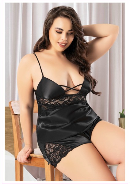 Miss Laris 4248 Siyah Büyük Beden Dantelli Ip Askılı Sexy Saten Şortlu Gecelik