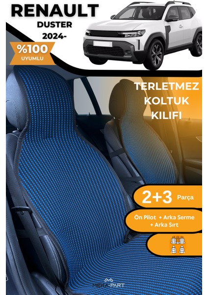 Terletmez Oto Koltuk Koruyucu Kılıf %100 Pamuk 5 Li Tam Set Mavi Siyah Renault Duster