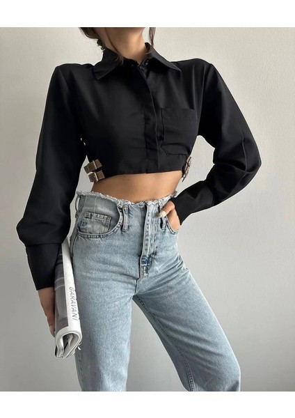 Yanı Kemer Detaylı Crop Gömlek Siyah S4009