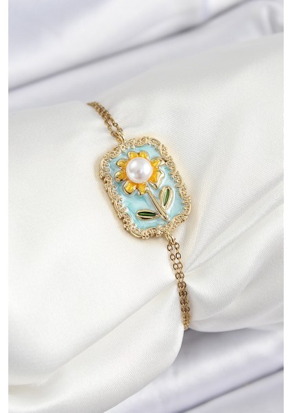 316L Çelik Zincir Turkuaz Mineli Sanatsal Portre Inci Detaylı Papatya Model Gold Renk Kadın Bileklik indirimleri