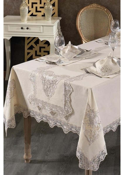 Katre Fransız Dantelli Keten Yemek Takımı - 26 Parça Cappucino