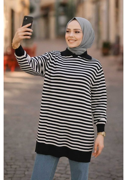 Çizgili Ekru Tesettür Triko Tunik 65904E fırsatları