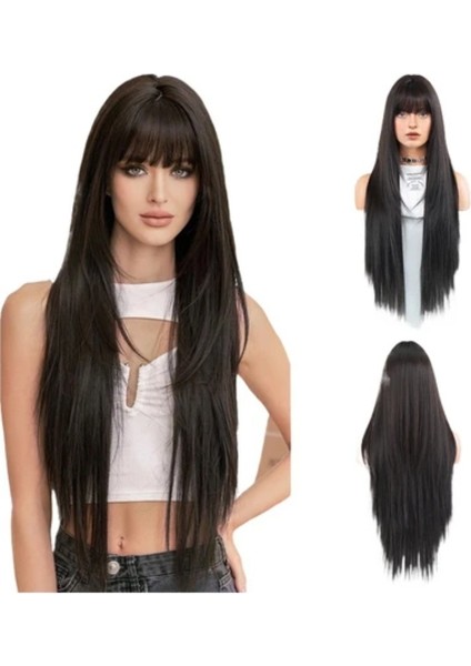 Peruk Kadın Uzun Saç Siyah Peruk Kimyasal Elyaf Fiber Tam Kafa Kapağı (Yurt Dışından)