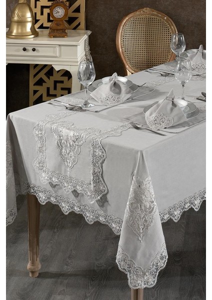 Katre Fransız Dantelli Keten Yemek Takımı - 26 Parça Gri