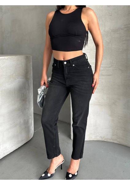 Mom Fit Enzim Bıyıklı Taş Yıkama Jeans Pantolon Siyah D2006