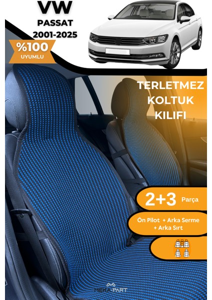 Terletmez Oto Koltuk Koruyucu Kılıf %100 Pamuk 5 Li Tam Set Mavi Siyah Vw Passat