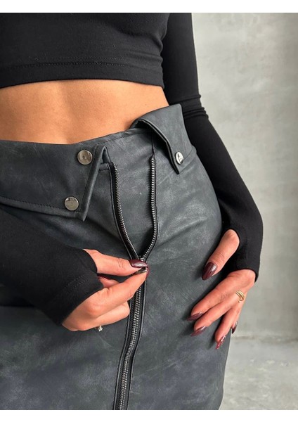 Beli Pervazlı Fermuarlı Eskitme Deri Etek W24431 indirimleri