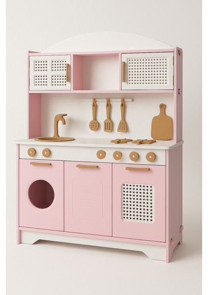 Pembe Ahşap Oyuncak Mutfak 12 Parça Servis Seti ve LED Hediyeli