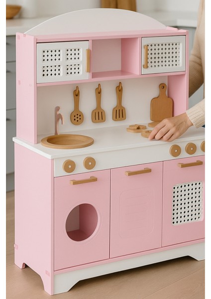 Pembe Ahşap Oyuncak Mutfak 12 Parça Servis Seti ve LED Hediyeli fiyatları