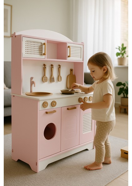 Pembe Ahşap Oyuncak Mutfak 12 Parça Servis Seti ve LED Hediyeli modelleri