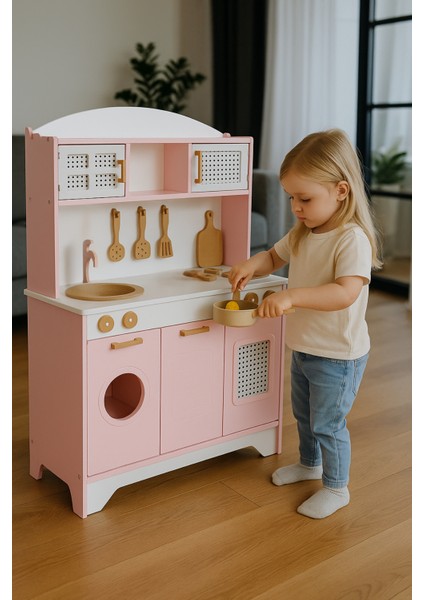 Pembe Ahşap Oyuncak Mutfak 12 Parça Servis Seti ve LED Hediyeli indirimleri