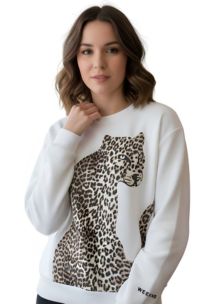 Sweatshirt Şardonlu Kaplan Leopar Baskılı Basic Uzun Kollu Ribanalı Yuvarlak Yaka Sweat