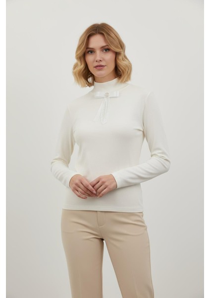 Ekru Bronşlu Uzun Kol Bluz 8197A