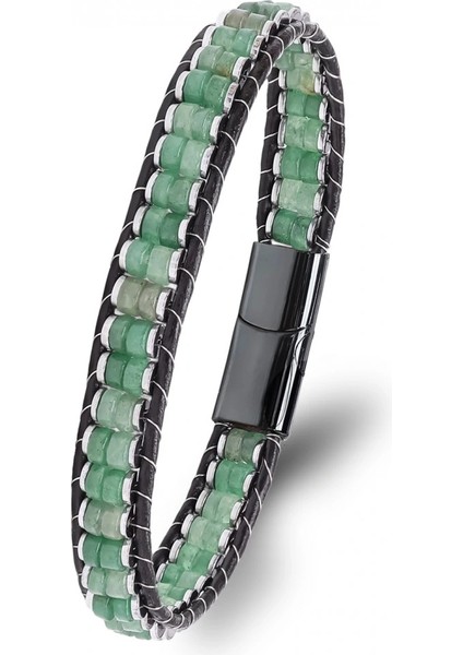 Yeşil Aventurin & Hematit Çelik Örgülü Deri Bileklik 33512B22D5