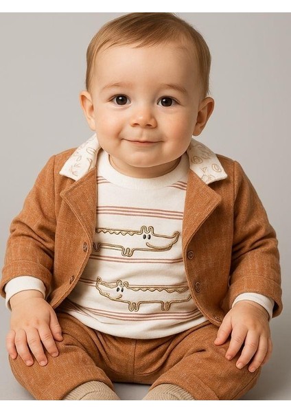 Erkek Bebek Pamuklu Timsah Desenli Body Ceket Pantolon 3'lü Takım