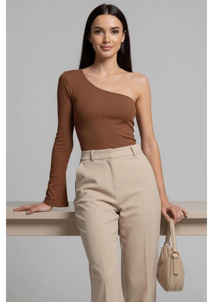 Tek Omuzlu Basic Bluz Kahve T4275
