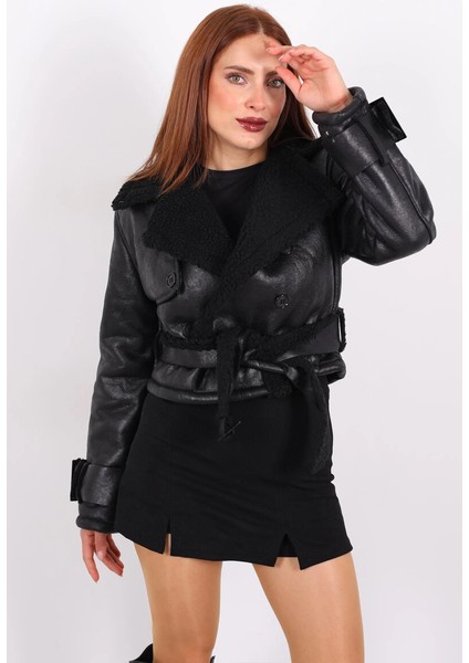 Kürklü Suni Deri Kemerli Siyah Kadın Kısa Mont T1256 modelleri