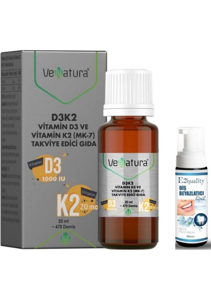 Venatura D3K2 Vitamin D3 ve Menaquinon 7 Takviye Edici Gıda 20 ml - Diş Beyazlatıcı Köpük Hediye