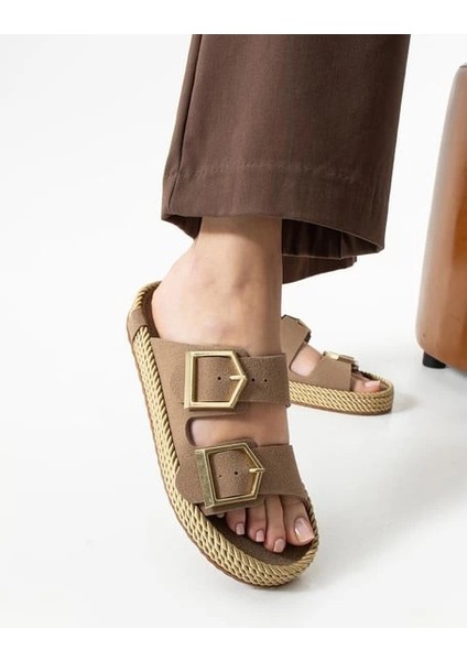 Loera Vizon Nubuk Çift Tokalı Terlik modelleri