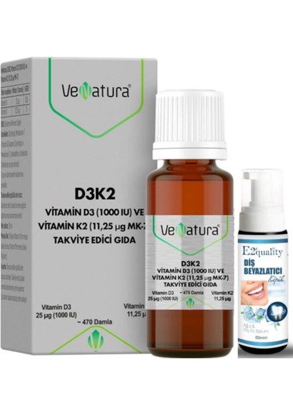 Venatura Vitamin D3 ve MENA1QUINON 7 (11,25 Mcg) Takviye Edici Gıda 20 ml - Diş Beyazlatıcı Köpük Hediye