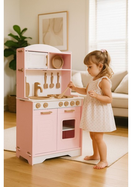 Pembe Ahşap Oyuncak Mutfak Seti – 12 Parça Aksesuar + LED Işıklı– Kız Çocukları Için Mutfak Oyuncağı