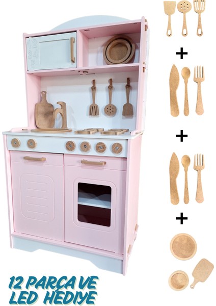 Pembe Ahşap Oyuncak Mutfak Seti – 12 Parça Aksesuar + LED Işıklı– Kız Çocukları Için Mutfak Oyuncağı fiyatları