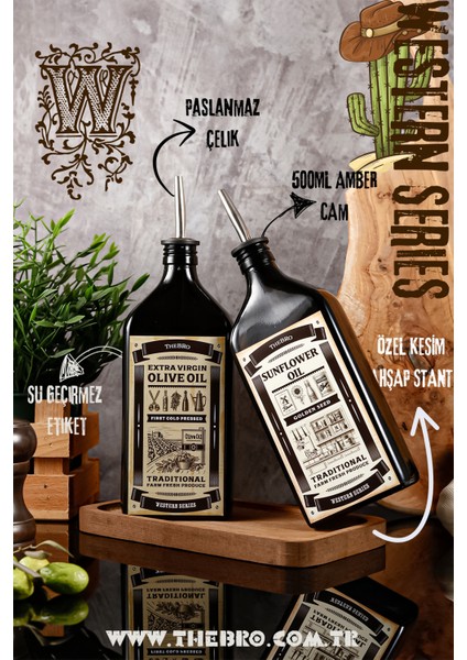 Western Serisi 500ML Amber Ahşap Stantlı Zeytinyağı Şişesi,ayçiçek Yağı Şişesi Yağdanlık