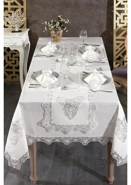 Katre Fransız Dantelli Keten Yemek Takımı - 26 Parça Krem