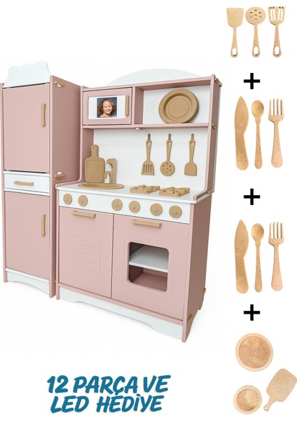 Ahşap Oyuncak Mutfak ve Buzdolabı Seti Fotoğraf Alanlı, Raflı, Çekmeceli 90X75 cm