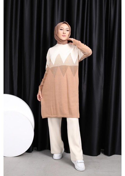 Takım Zikzak Desenli Simli Triko Pantolonlu Tunik