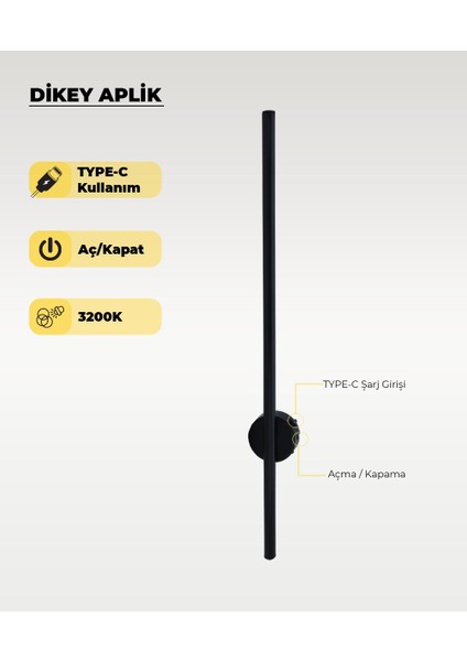 Şarjlı Siyah Dikey Aplik 3200K Sarı Işık – Elektrik Gerektirmez