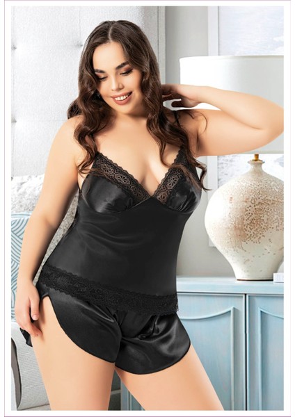 4226 Siyah Büyük Beden Dantelli Ip Askılı Sexy Saten Şortlu Gecelik fiyatları