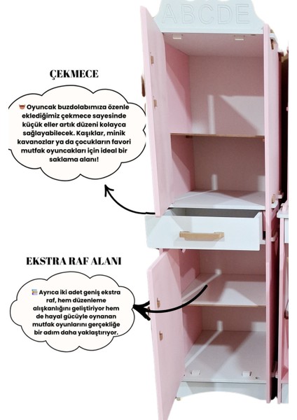 Ahşap Oyuncak Mutfak ve Buzdolabı Seti Fotoğraf Alanlı Raflı Çekmeceli 90X75 cm modelleri