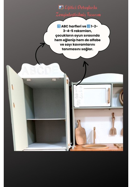 Ahşap Oyuncak Mutfak ve Buzdolabı Seti Fotoğraf Alanlı Raflı Çekmeceli 90X75 cm indirimleri