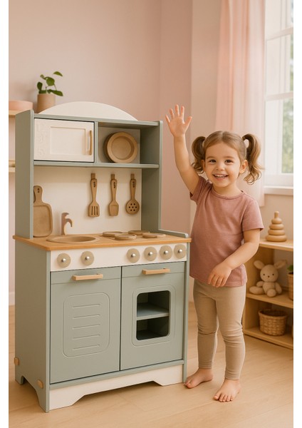 Ahşap Oyuncak Mutfak Seti – 12 Parça Aksesuar Hediye – Demonte Gönderim – LED Işıklı