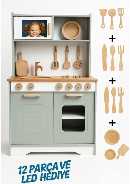 Ahşap Oyuncak Mutfak Seti – 12 Parça Aksesuar Hediye – Demonte Gönderim – LED Işıklı fiyatları