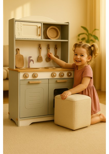 Ahşap Oyuncak Mutfak Seti – 12 Parça Aksesuar Hediye – Demonte Gönderim – LED Işıklı