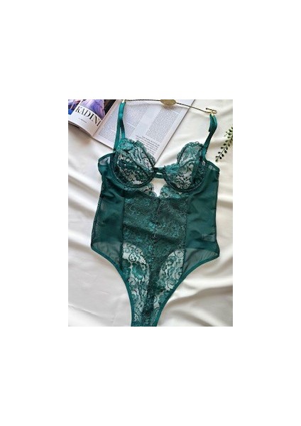 Dantelli Transparan Balenli Kapsız Bodysuit