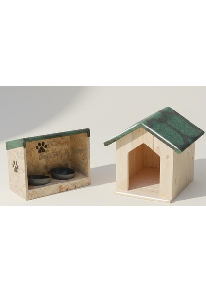 Lüx Kedi Evi Kulübesi & Kedi Mama ve Su Kabı Yağmur ve Soğuk Geçirmez Yalıtımlı 1.sınıf Doğal Ahşap