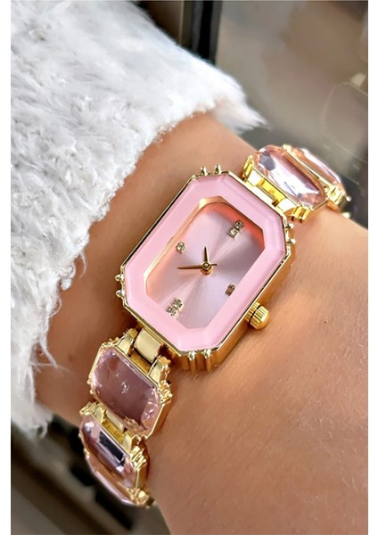 Volde Model Minimal Kristal Taşlı Pembe Bagetvintage Tasarım Kadın Kol Saati