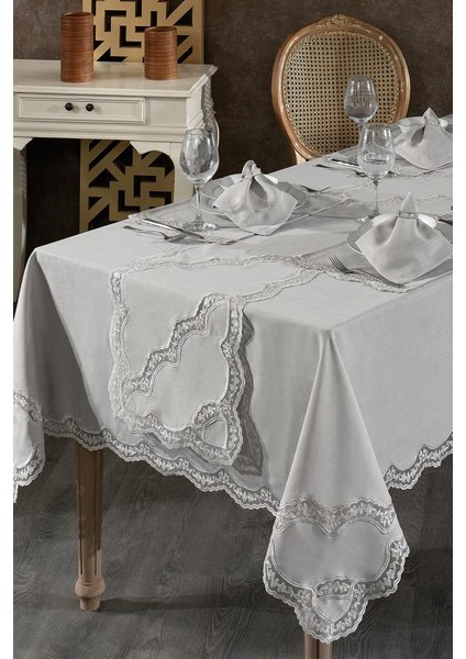 Rua Fransız Dantelli Keten Yemek Takımı - 26 Parça Gri