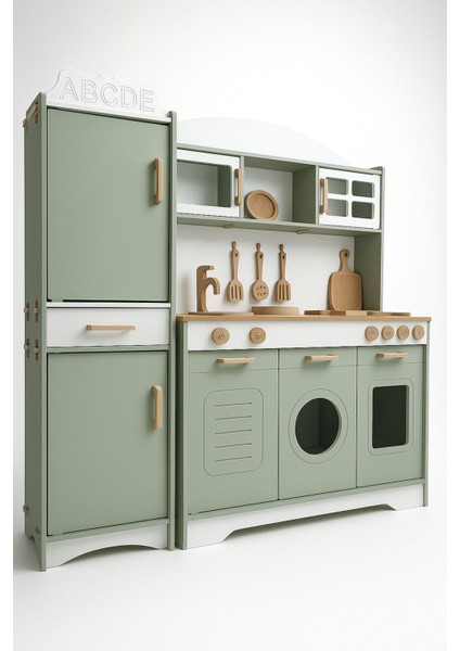 Ihlamur Yeşili Ahşap Oyuncak Mutfak Seti | 12 Parça Aksesuar Hediyeli | LED Işıklı–montessori Uyumlu