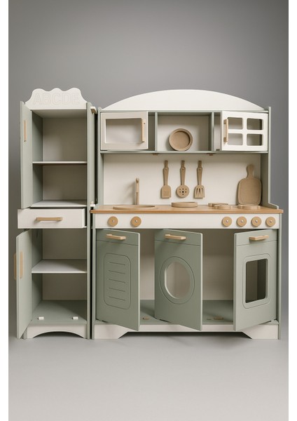 Ihlamur Yeşili Ahşap Oyuncak Mutfak Seti | 12 Parça Aksesuar Hediyeli | LED Işıklı–montessori Uyumlu fiyatları