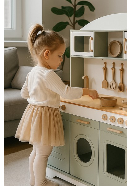 Ihlamur Yeşili Ahşap Oyuncak Mutfak Seti | 12 Parça Aksesuar Hediyeli | LED Işıklı–montessori Uyumlu modelleri