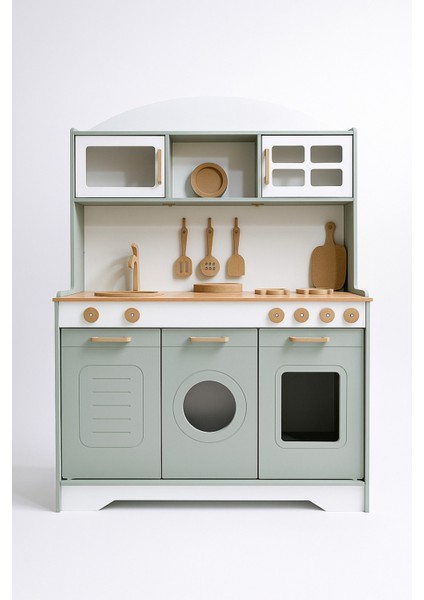 Ihlamur Yeşili Ahşap Oyuncak Mutfak Seti | 12 Parça Aksesuar Hediyeli | LED Işıklı–montessori Uyumlu fırsatları
