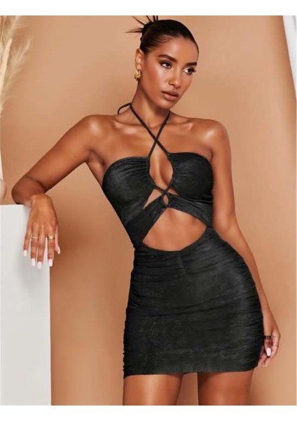 Arias Closet Siyah Simli Boyundan Bağlamalı Göğüs Dekolteli Mini Club Elbisesi