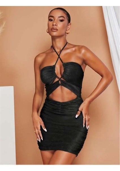 Arias Closet Siyah Simli Boyundan Bağlamalı Göğüs Dekolteli Mini Club Elbisesi fiyatları